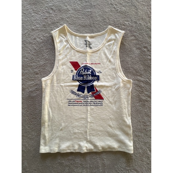 Pabst Blue Ribbon Tops - Pabst Blue Ribbon Embroidered Graphic Tank Top Cream Ribbed Womens Large